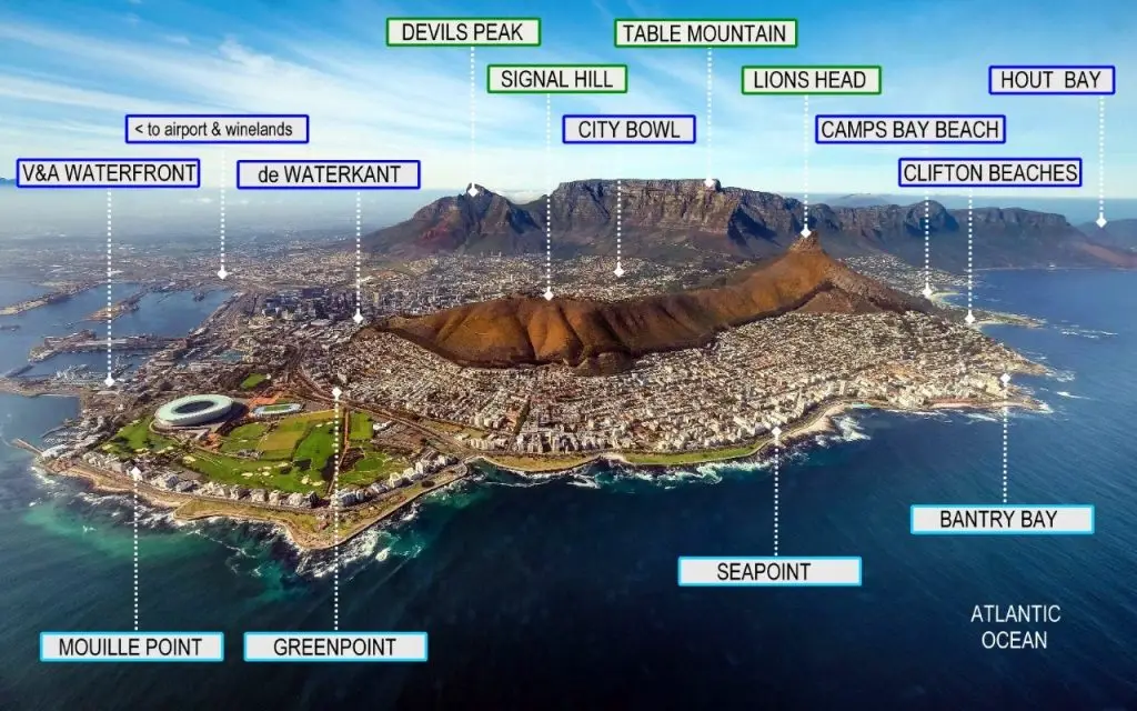 aerial map of Cape Town and Table Mountain indicating suburbs and main attractions