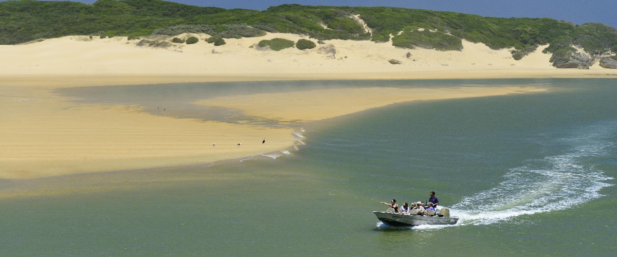 Settlers Drift safari guests boating past a sandy beach en-route to the lodge.